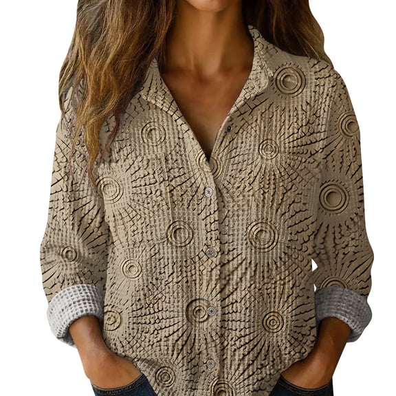 Blouses for Women Dressy Casual Print Long Sleeve Button Up Fashion Casual Daily Shirt Trendy Tops Khaki L