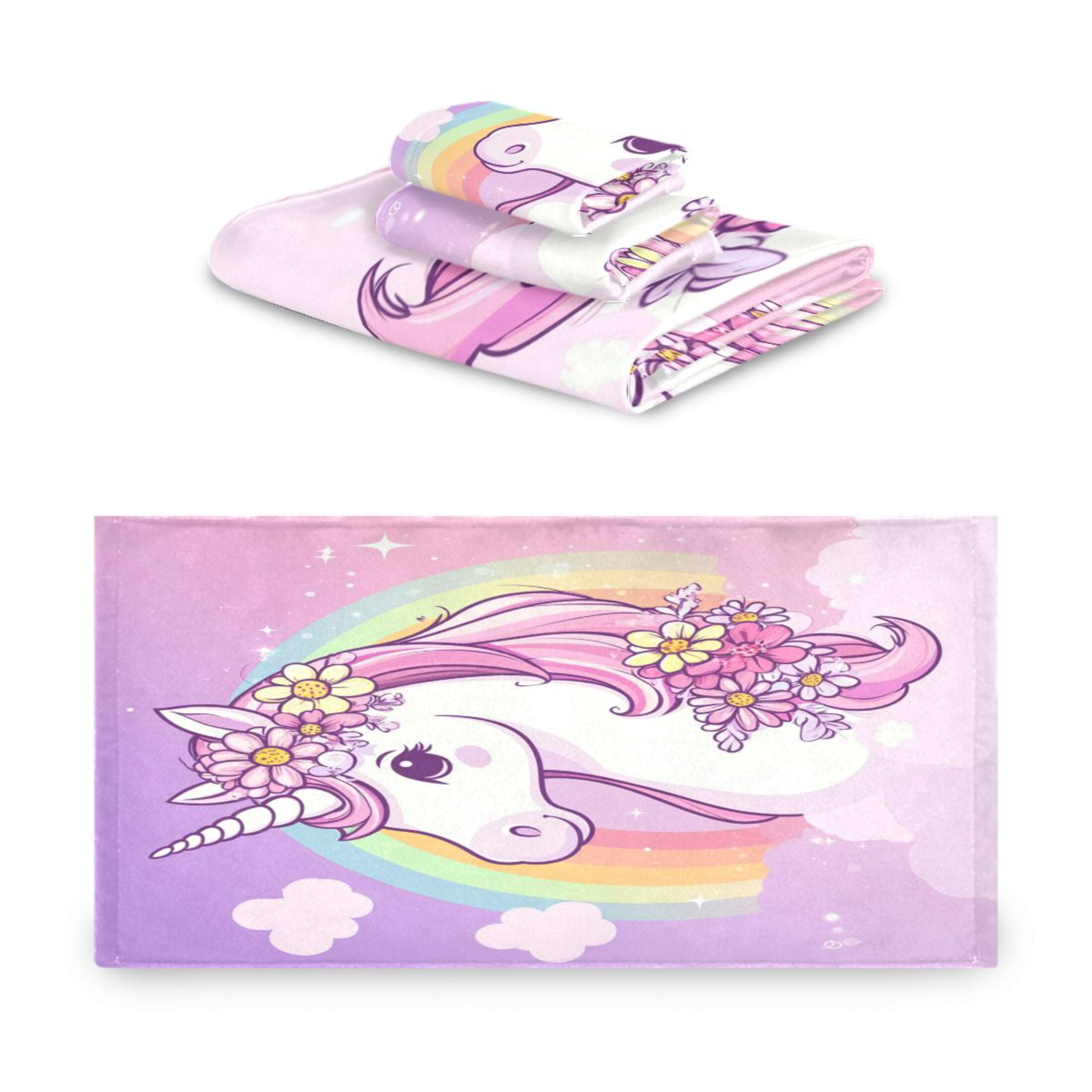 WOBOGO Rainbow Pony Ultra Soft 3 Pack Cotton Towel Set Includes 60 x 30in Bath Towel 28 x 16in Face Towel and 13 x 13in Small Square Towel for Everyday Use Lightweight and Compact