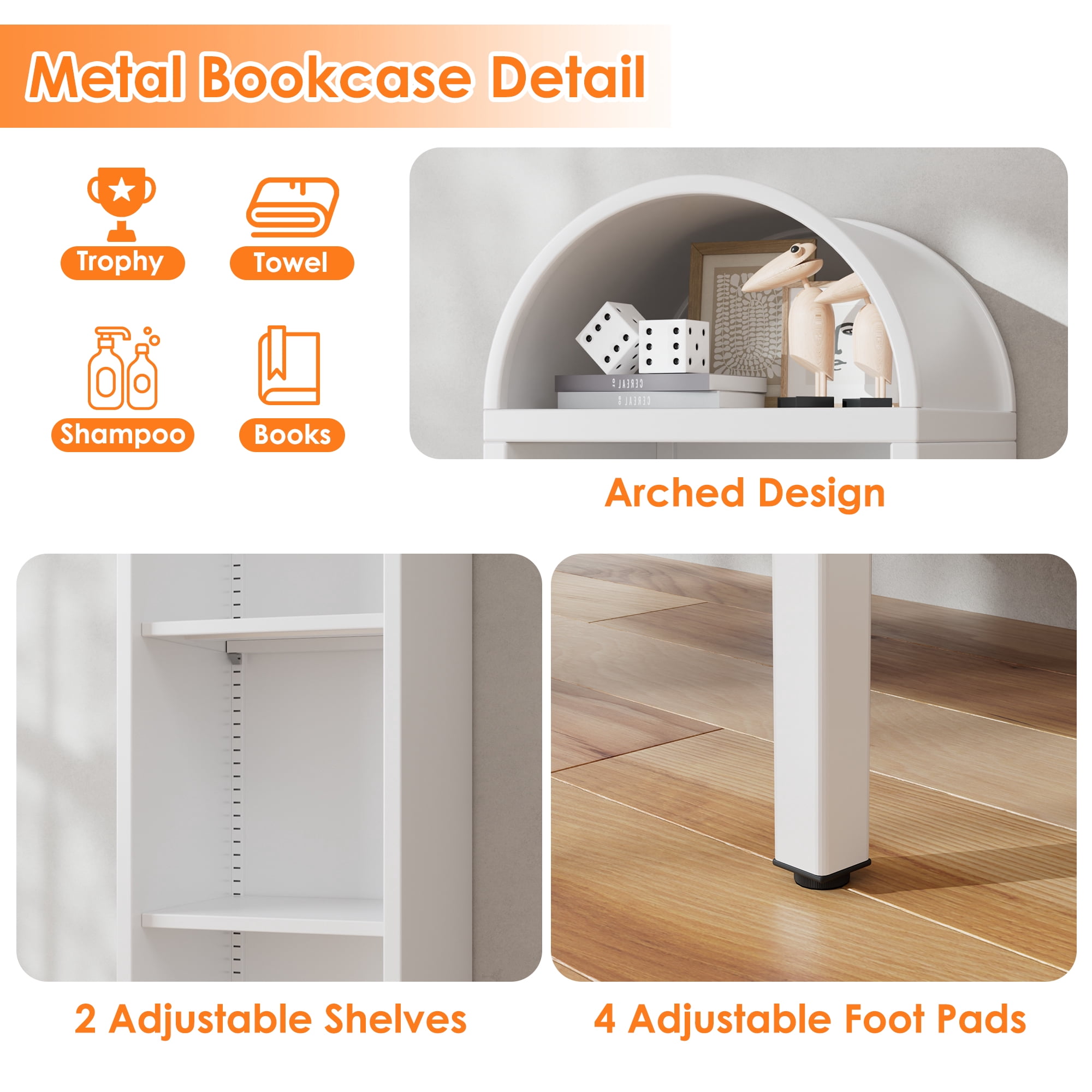 Aobabo Metal Arched Bookcase with 2 Adjustable Shelves,4 Tier Arch Display Bookshelf for Home, Office, Study Room, Assembly Required,White,15.35"D x 16.26"W x 63"H