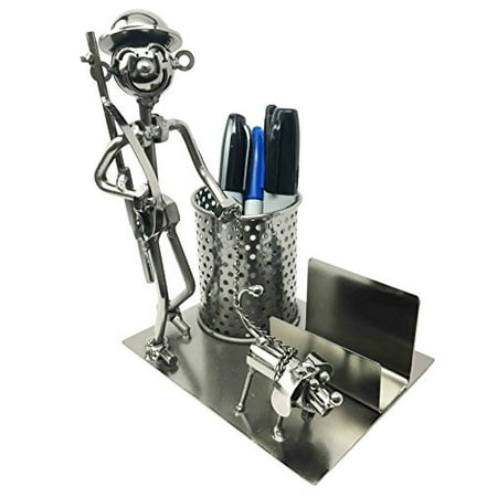 Desktop Business Gifts - Wildlife Hunter Carrying Rifle Walking Dog Hand Made Metal Stationery & Business Card Organizer Holder Desktop Office Decor Gift