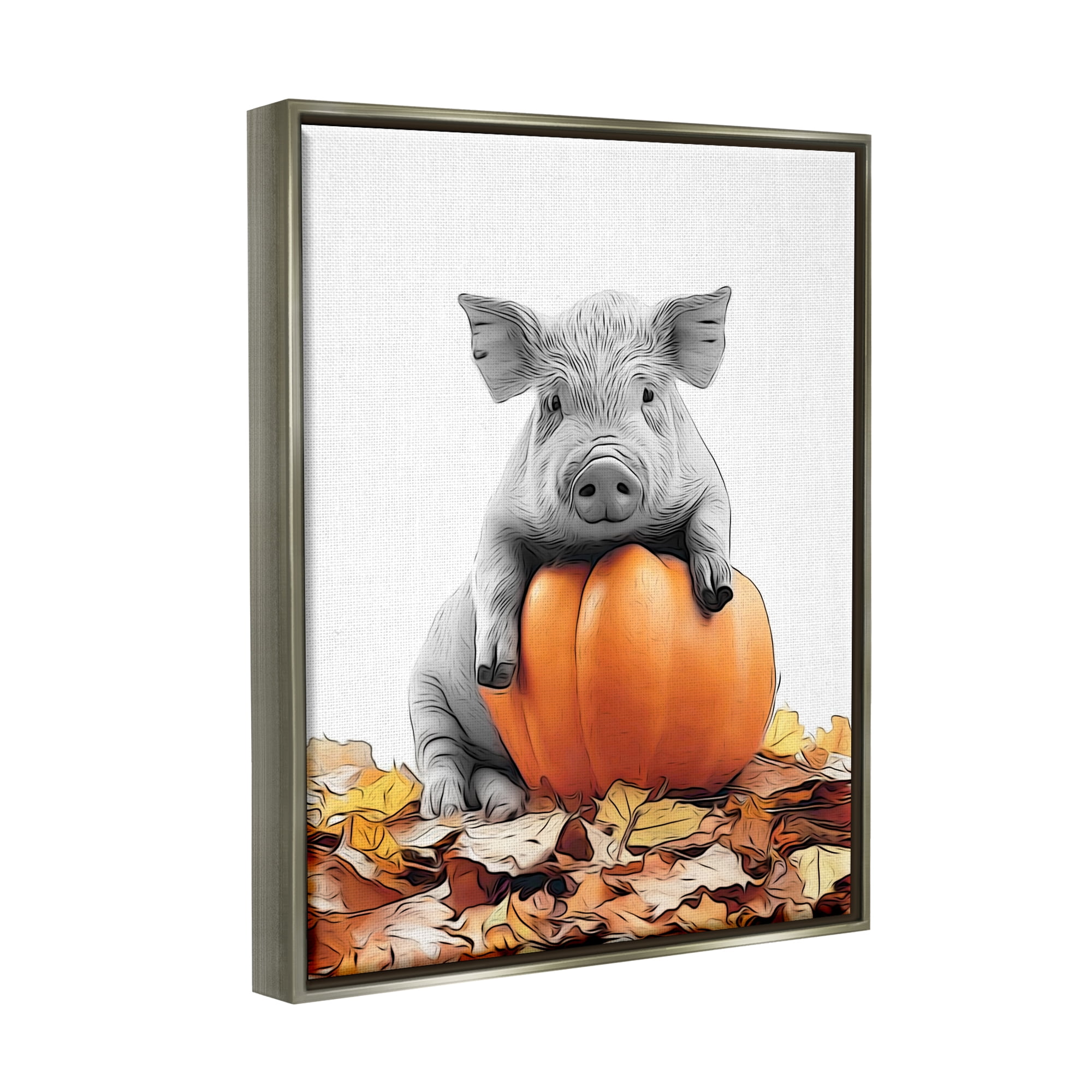 Stupell Industries Pig & Autumn Leaves Holiday Painting Gray Floater Framed Canvas Art Print Wall Art, 17 x 21