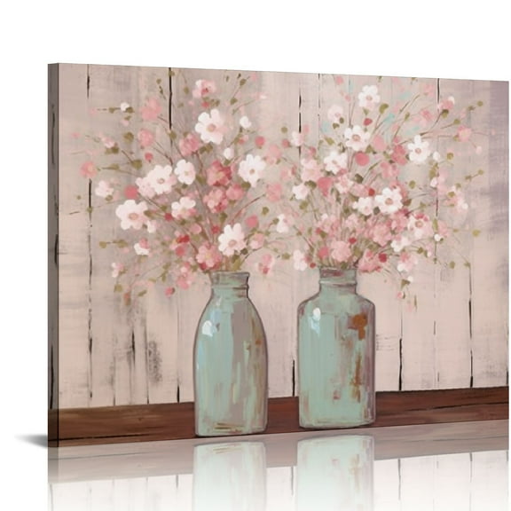 COMIO Pink Floral Pictures Wall Decor Pink and Grey Flowers in Vase Canvas Art Painting Farmhouse Decoration Ready to Hang