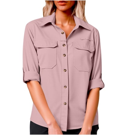 Hinvhai Women s Sun Protection Fishing Shirts Long Sleeve Travel Work Shirts with Pockets Pink M(M)