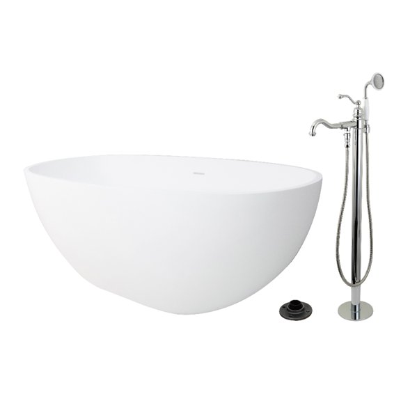 Kingston Brass KRTRS6531131AL 65" Solid Surface Oval Double Ended Freestanding Tub with Faucet Combo and Drain, Polished Chrome