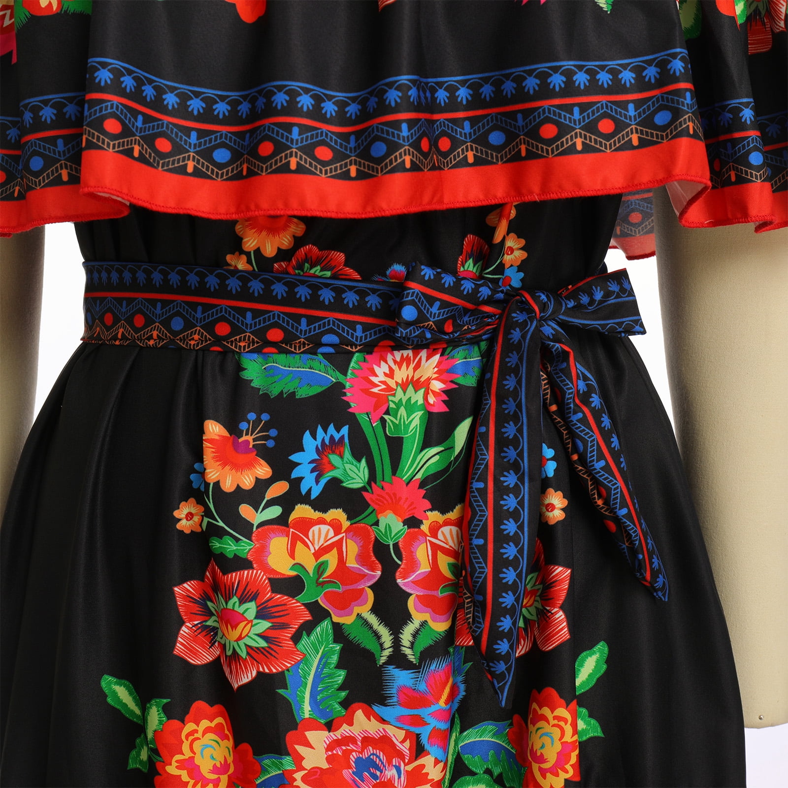 IBTOM CASTLE Women's Mexican Dress Floral Print Smocked Traditional Wear Off Shoulder Beach Holiday Party Long Maxi Dresses M Black