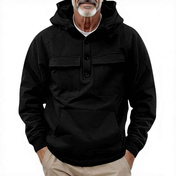 ZVNAΖH Cargo Hoodies for Men Casual Fashion Button Hooded Tactical Sweatshirts Solid Color Loose Pullover Tops with Pocket
