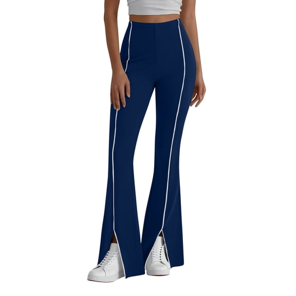 JnLxul Flared Pants for Women High Waisted Front Line Split Hem Elastic Waist Yoga Casual Workout Flare Leggings(X-Large,Navy)