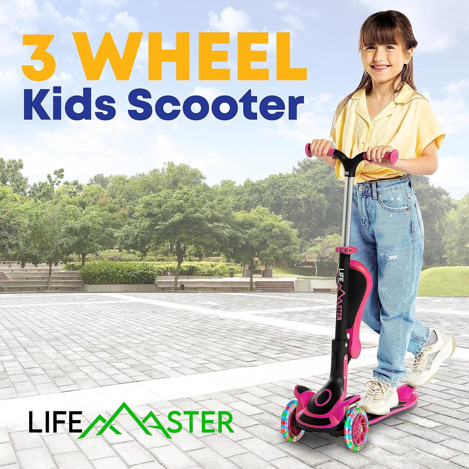Kids Scooter – Foldable Seat – LED Wheel Lights Illuminate When Rolling – Children and Toddler 3 Wheel Kick Scooter – Adjustable Handlebar – Indoor and Outdoor- Pink - by Lifemaster