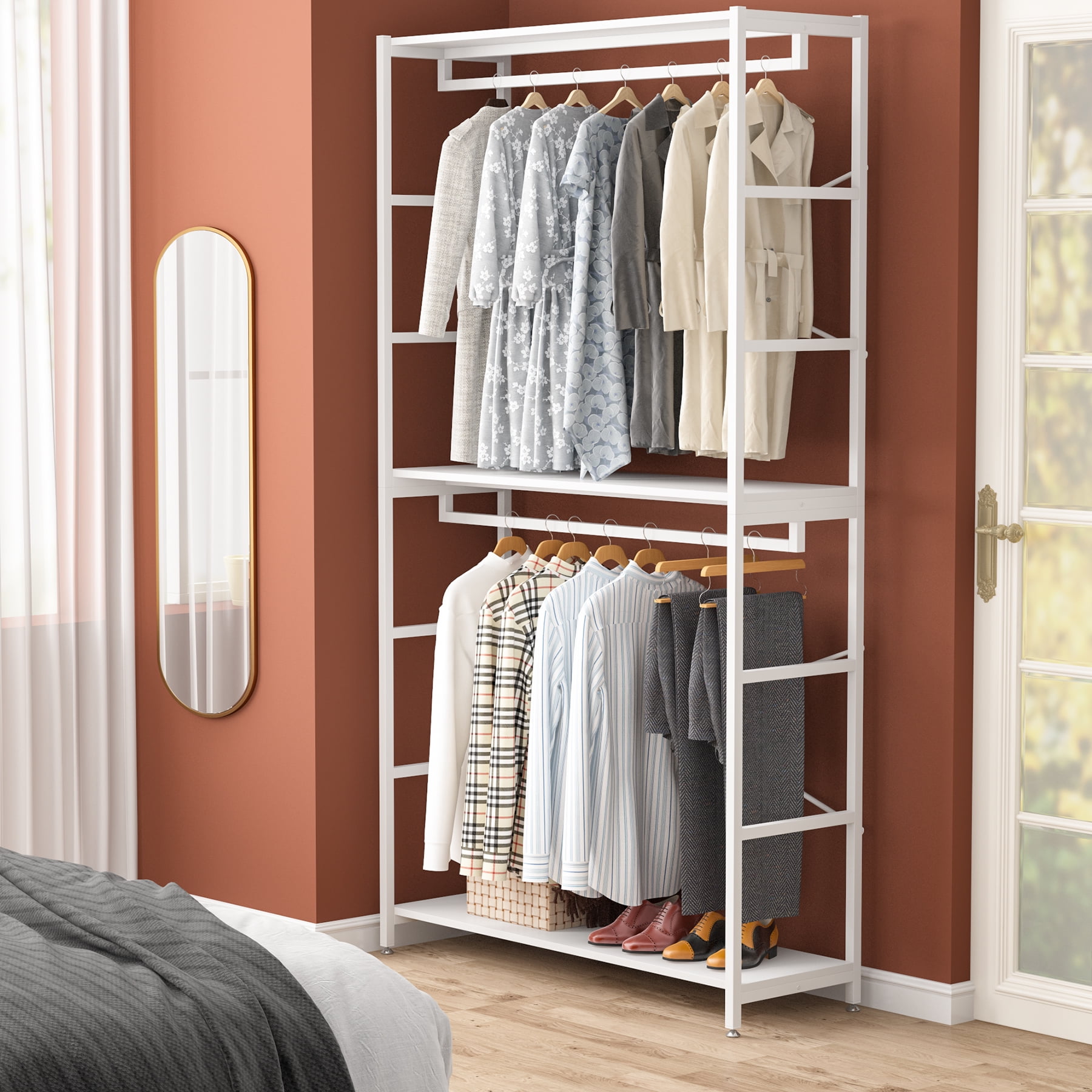 86 inches Double Rod Closet Organizer, Tall Freestanding 3 Tiers ...