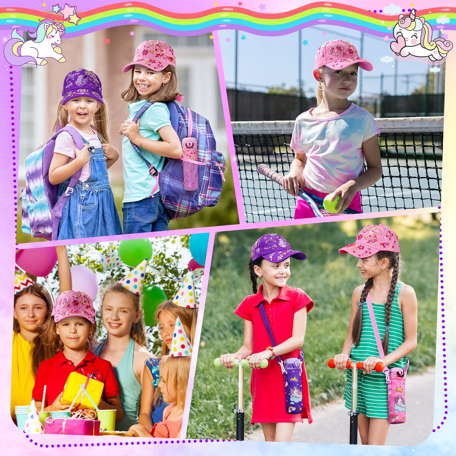 Pearoft Kids Gift for Girls Age 5 6 7 8 9 10 11 Years Old Birthday Presents for Kids, DIY Water Bottle and Baseball Cap Crafts Set for 6+ Girls Decorate Your Own Water Bottle with Glitter Gem Stickers