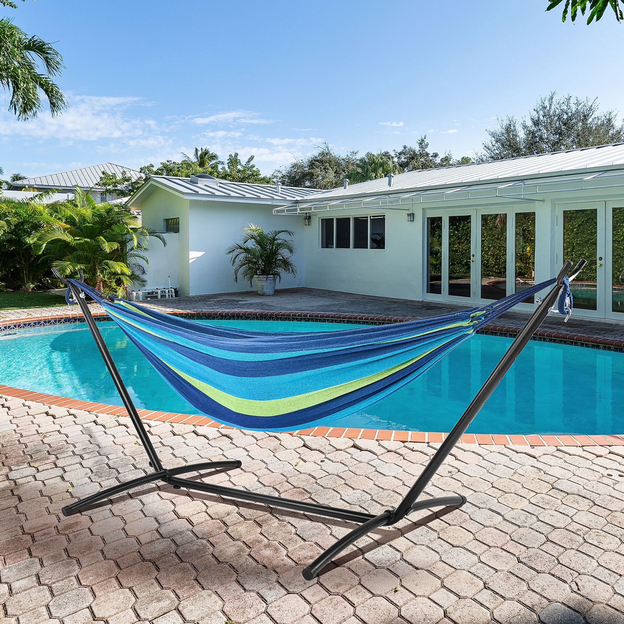 GIANNA Double Hammock with Steel Stand and Carrying Bag, Adjustable Height, 450lbs Capacity, Polyester Cotton Fabric, Portable Outdoor Hammock for 2 Adults, Blue