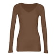 thumbnail image 7 of Women Long Sleeve Shirts Rib Knit Slim Fit Tops V Neck Basic Tee Casual Underscrubs Layer T-Shirt Coffee L, 7 of 7
