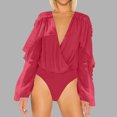 thumbnail image 2 of Penkiiy Long Sleeve Ruffle Top Bodysuit for Women V-Neck Cowl Back Shiny Glitter One-piece Top Bodysuits with Sheer Mesh Thong Red Shapewear Tummy Control, 2 of 5