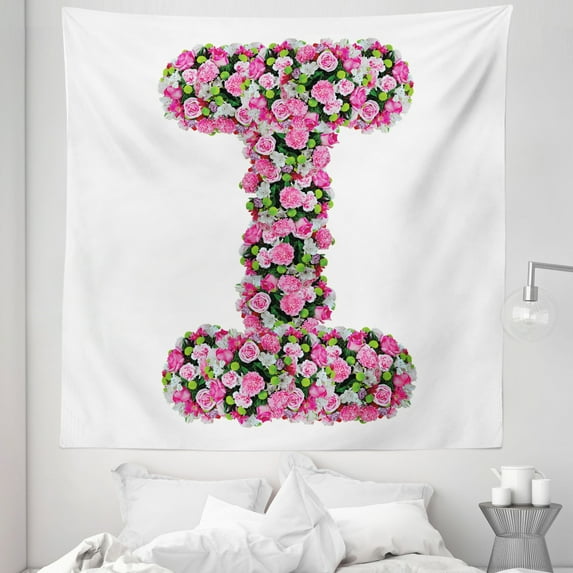 Letter I Tapestry, Initial Letter I with Colorful Blooming Bouquet Daisies Realistic Looking Flowers, Fabric Wall Hanging Decor for Bedroom Living Room Dorm, 5 Sizes, Pink Green, by Ambesonne