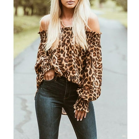 - Women Fashion Sexy Off Shoulder Leopard Print Tops Puff Long Sleeve Loose Top