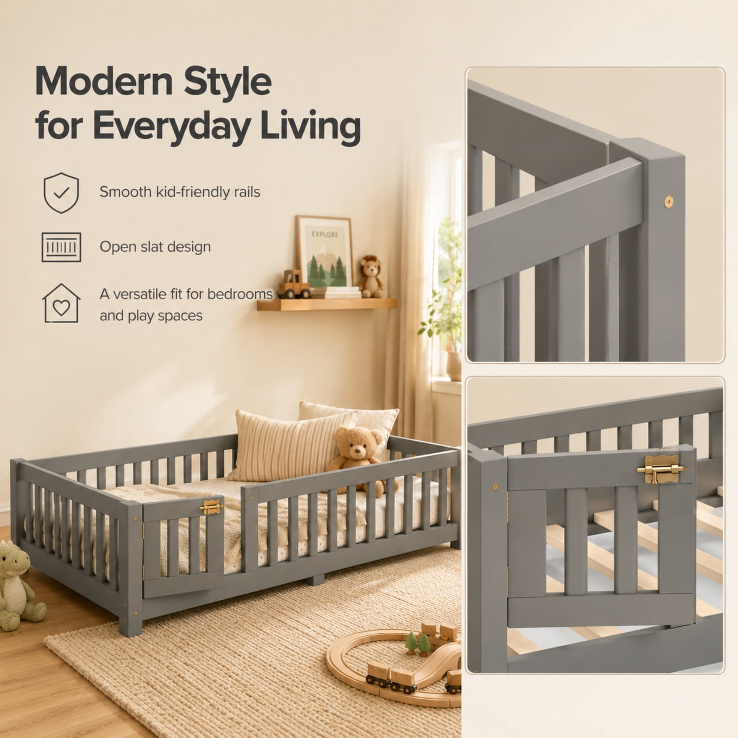 Miniyam Twin Floor Bed for Kids – Low Profile Wood Bed Frame with Rails, Gray