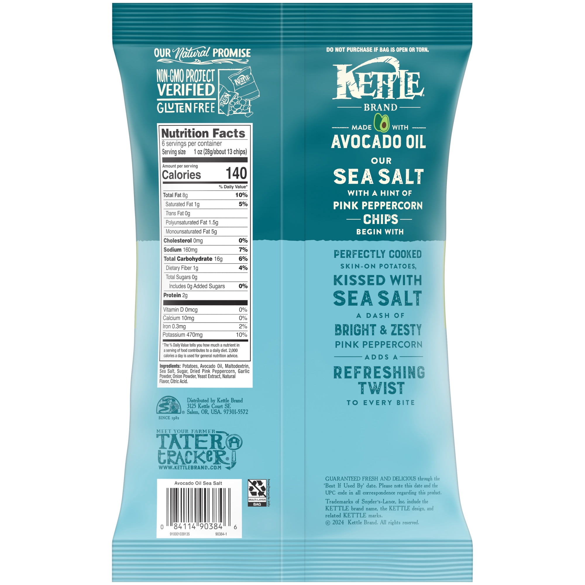 Kettle Brand Made with Avocado Oil Sea Salt Pink Peppercorn Chips, 6 oz Bag