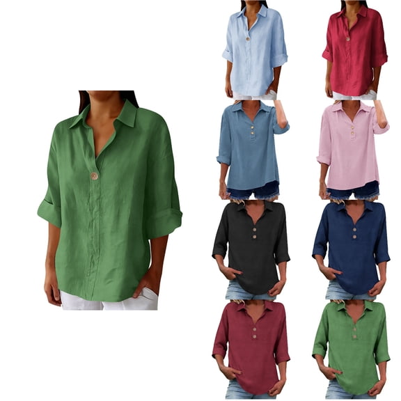 Antinious Ladies Collared 3/4 Sleeve Solid Linen V-Neck Loose Casual Summer Tops