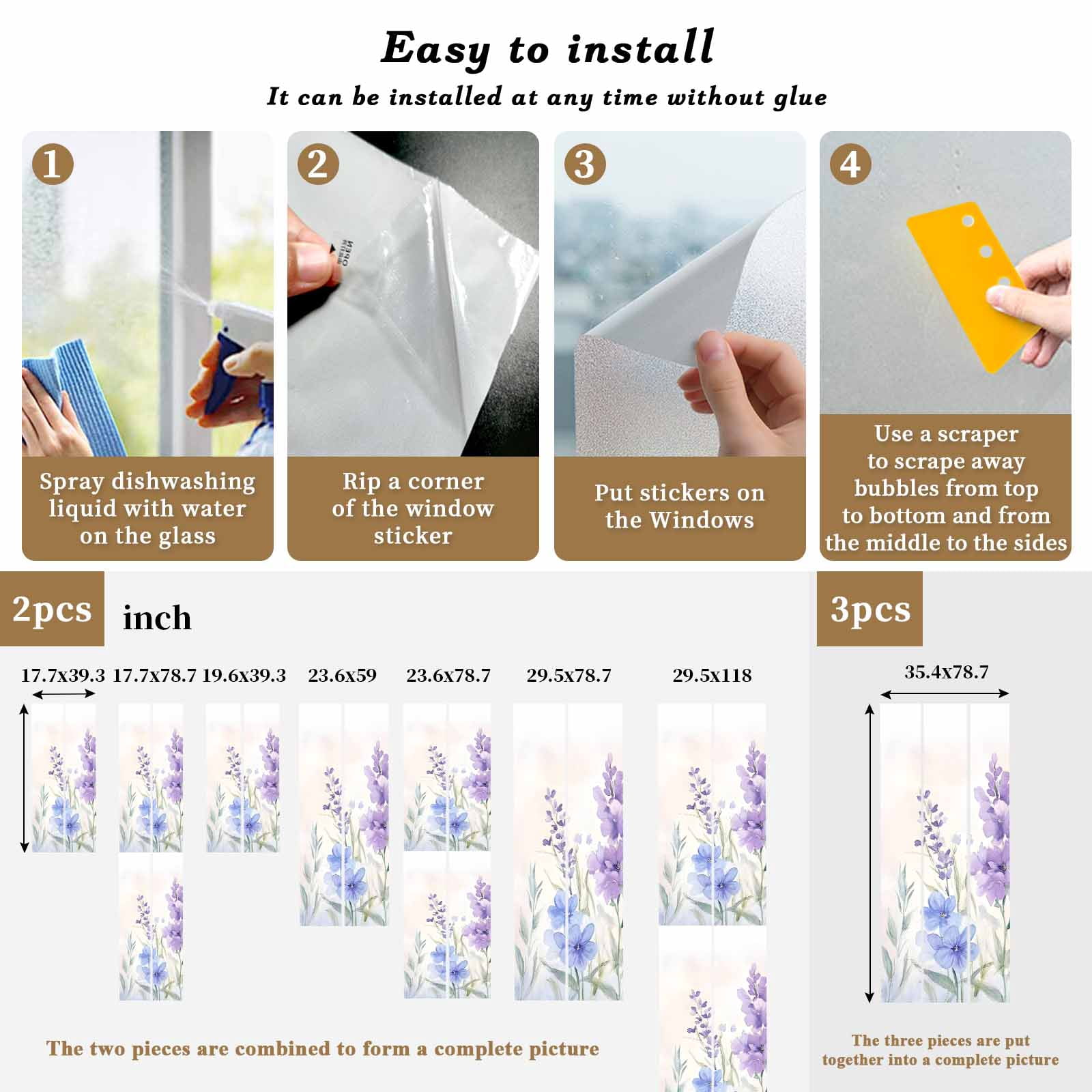 Lavender Spring Window Privacy Film, Farmhouse Pastoral Pastel Flowers Static Cling UV Sun Blocking Tint Film Heat Control Windows Films for Bedroom Bathroom, Window Stickers 23.6"x59"
