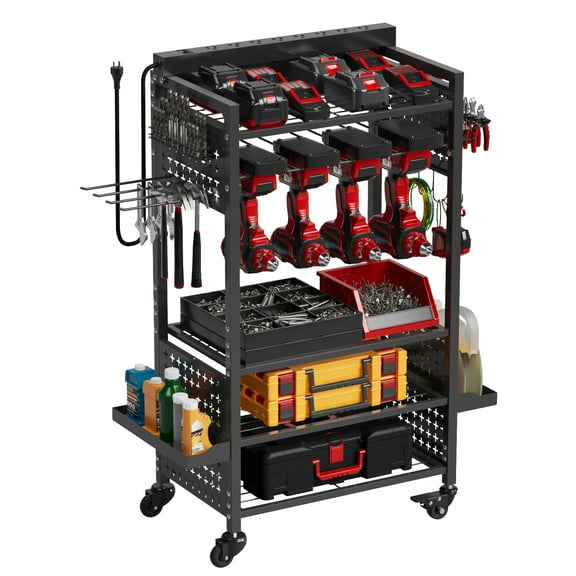 VDEVY Power Tool Organizer Cart with 8 Charger Ports & Adjustable Storage, Garage Workshop Utility Cart for Mechanic, Birthday Gift Ideas for Men