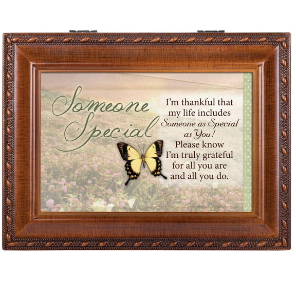 Cottage Garden Someone Special So Thankful Woodgrain Rope Trim Jewelry Music Box Plays Wonderful World