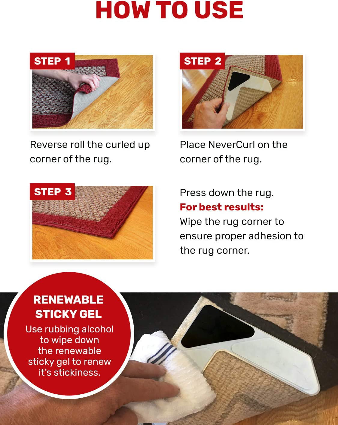 NeverCurl Best V Shape Design Rug Corner Gripper to Instantly Stops Corner  Curling - Safe for Wood Floors - For Indoor & Outdoor Rugs - Carpet / Rug