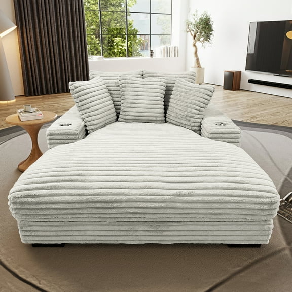 Miekor Furniture Oversized Cuddler Chaise Sofa with Cupholder and USB, Living Room Accent Chair, Taupe 32348
