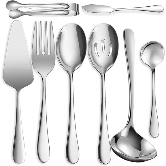 8 PCS Stainless Steel Serving Utensils, Large Serving Spoons Slotted Spoons, Forks, Ice Suger Tongs, Cake Server, Soup Ladle, Metal Utensils Set Great for Buffet Catering Banquet Party, Silver