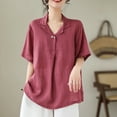 thumbnail image 2 of Dazajoo Womens Cotton Linen V Neck Tops Vintage Embroidered Button T Shirt Summer Beach Casual Loose Short Sleeve Blouse,Purple,XXXL, 2 of 6