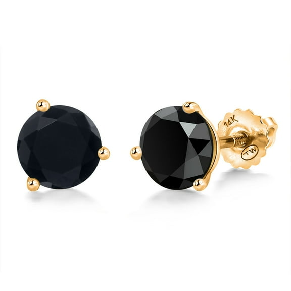 Gem Stone King 14K Yellow Gold Black Onyx 3 Prong Martini Screw Back Stud Earrings for Women Men (1.60 Cttw, Gemstone December Birthstone, Round 6MM)