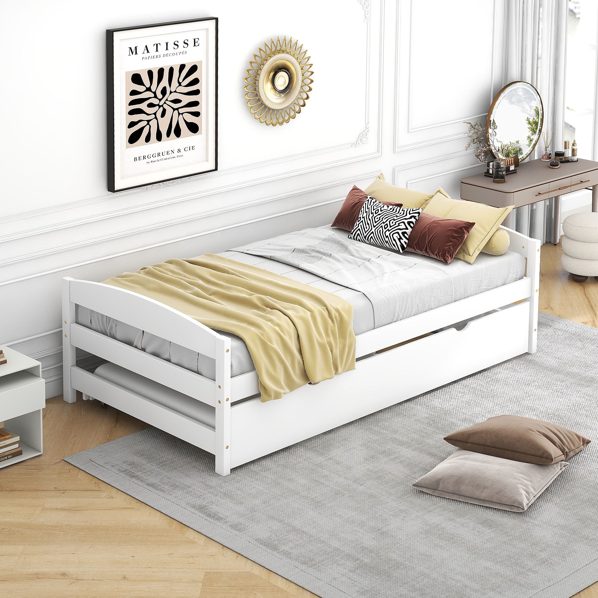 Euroco Twin Size Platform Bed with Trundle, Low Profile Easy Assembly Wood Daybed, White
