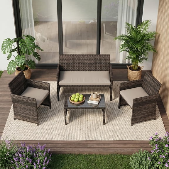4-Piece Patio Furniture Set, PE Rattan Outdoor Conversation Set with Cushions & Tempered Glass Table, All-Weather Wicker Patio Table and Chairs Set for Patio, Porch, Backyard, Brown and Grey