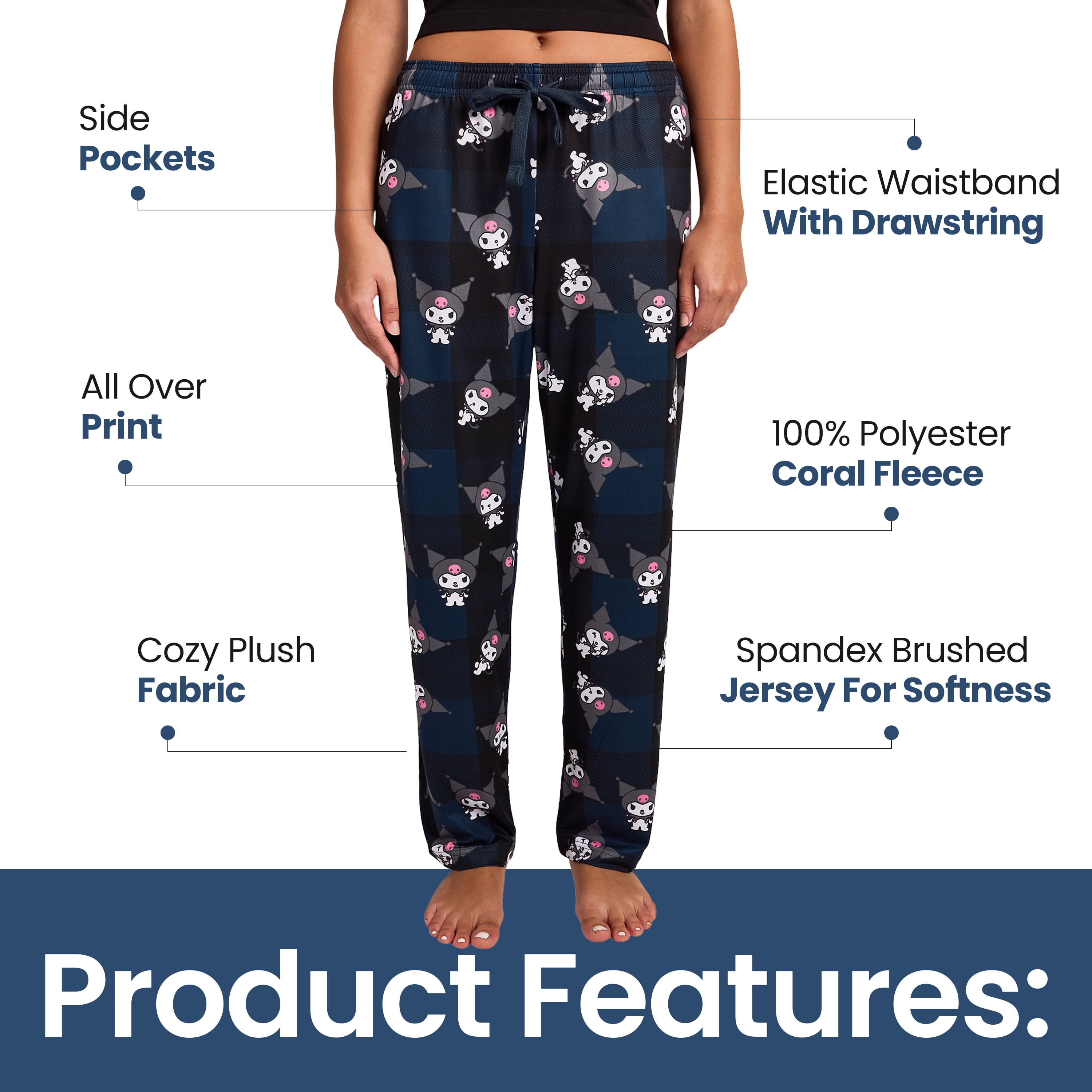 Bioworld My Melody Kuromi Women's Black Plaid Sleep Pants, Pockets