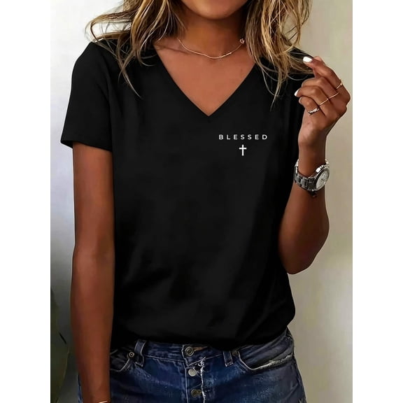 Blessed Cross Subtle Christian Minimalist Religious Faith V Neck T-Shirt Cotton Women's V Neck Graphic Tee, Casual Short Sleeve Shirt,Vacation Outfit