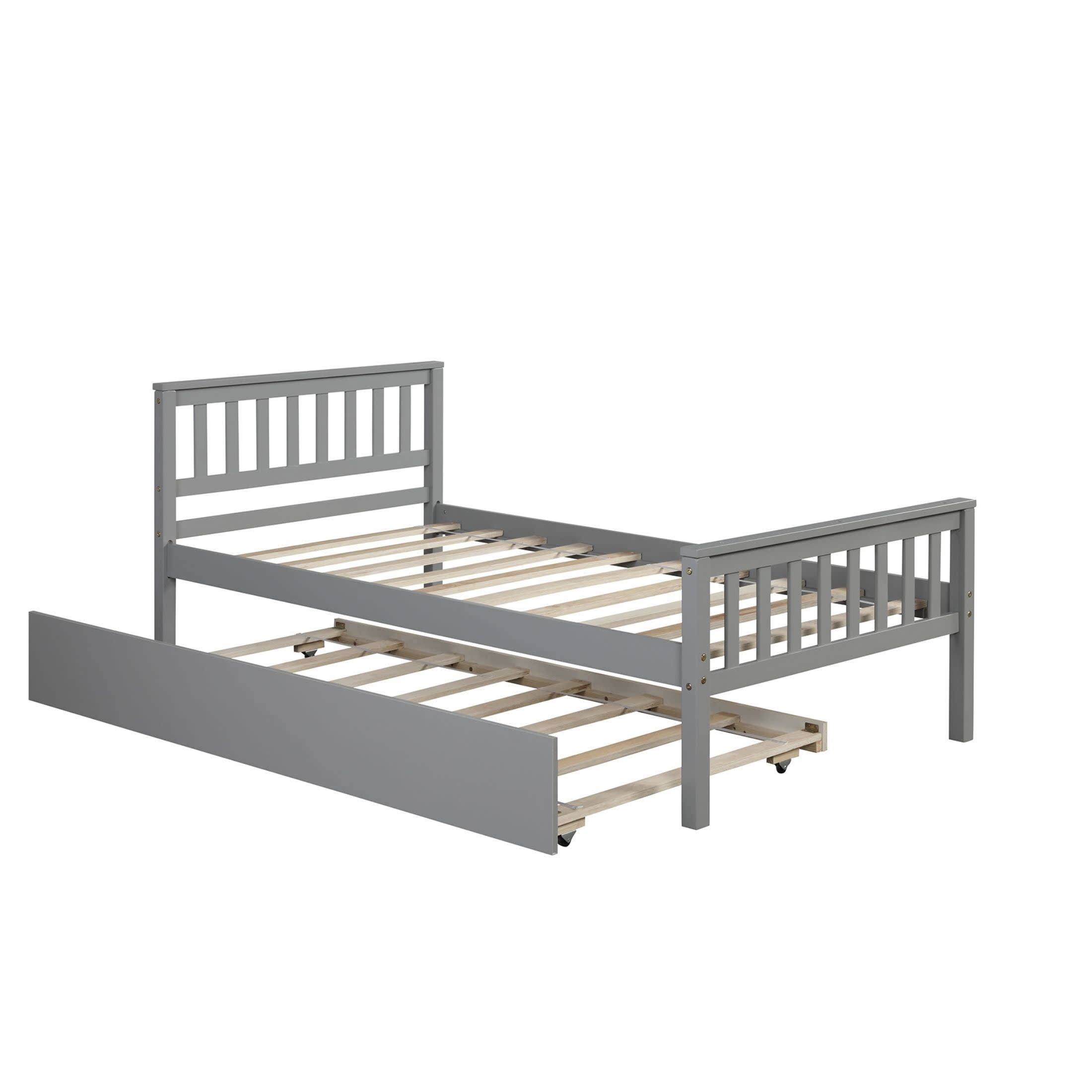 Noble House Kilby Twin Platform Bed with Pull-out Trundle, Hardside Pine Wood Bed Frame with Headboard, Gray