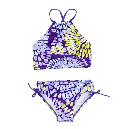 

QWANG Girl Floral Print Criss Cross Bikini Wrap Knot Side Swimsuit Bathing Suit Purple