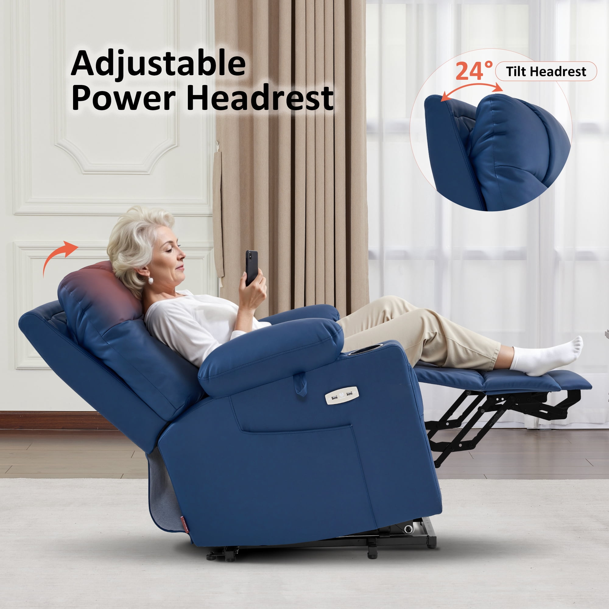 MCombo Small Size Electric Power Lift Recliner Chair Sofa with Massage and Dual Heating, Adjustable Headrest for Elderly People Petite, USB Ports, Extended Footrest, Faux Leather 7111 (Blue, Small)