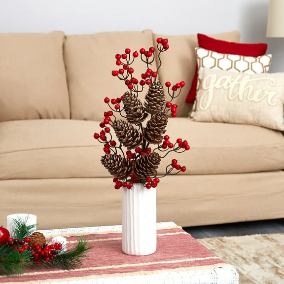 23in. Pinecone and Berries Artificial Arrangement in White Vase