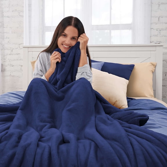 Ashford Home Faux Fur WarmWell Blanket, 90x92 inches in Twilight Blue– Soft Plush Fleece Throw Blanket