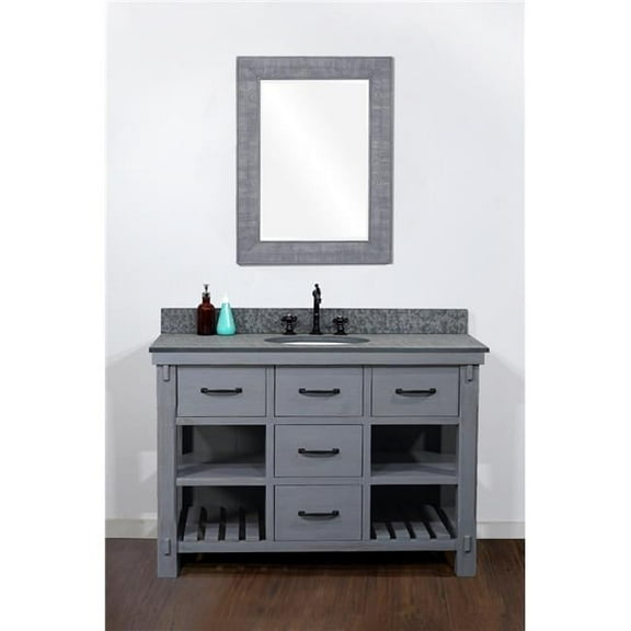 InFurniture WK8248-BG-MG TOP 48 in. Rustic Solid Fir Single Sink Vanity in Blue Grey Driftwood With Polished Textured Surface Granite Top-No Faucet