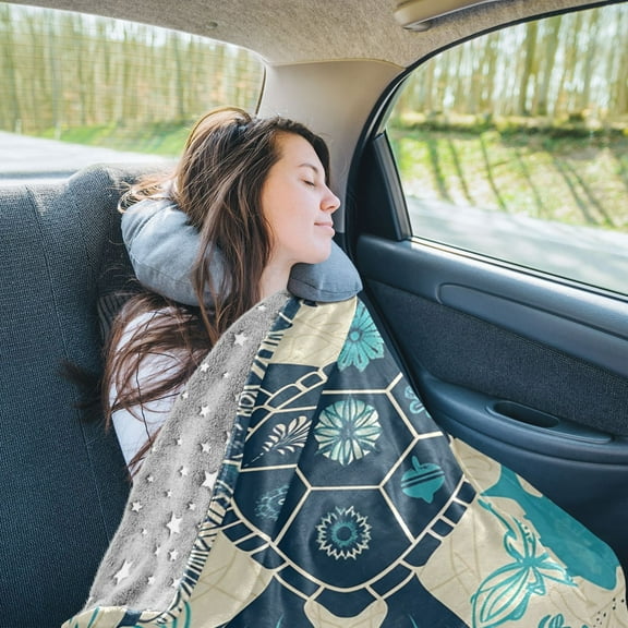 Turtle Retro Travel Blanket Pillow Compact Foldable Airplane Throw Blanket with Trolley Sleeve for Travel Camping