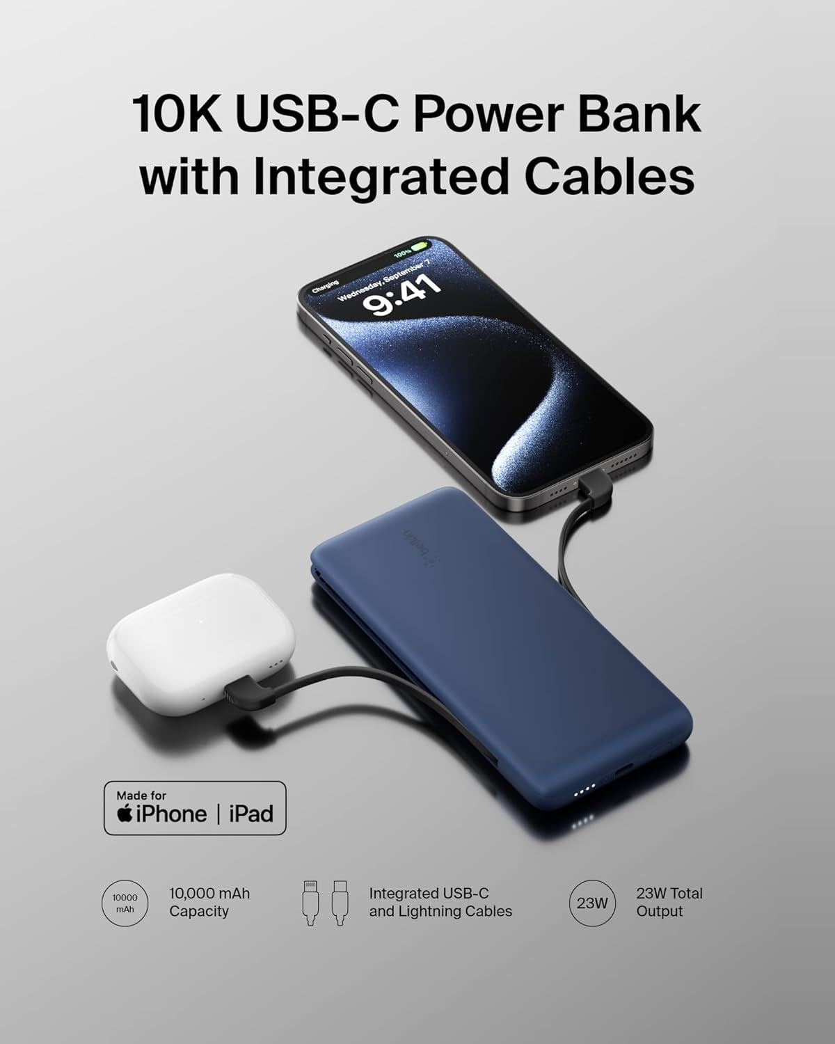Belkin Power Bank, BoostCharge Plus 10k mAh Portable Charger w/Integrated Lightning Cable & USB-C Cable - iPhone Charger - Battery Pack for iPhone 16 Pro Max, iPhone 16, iPhone 15, iPhone 14 - Blue