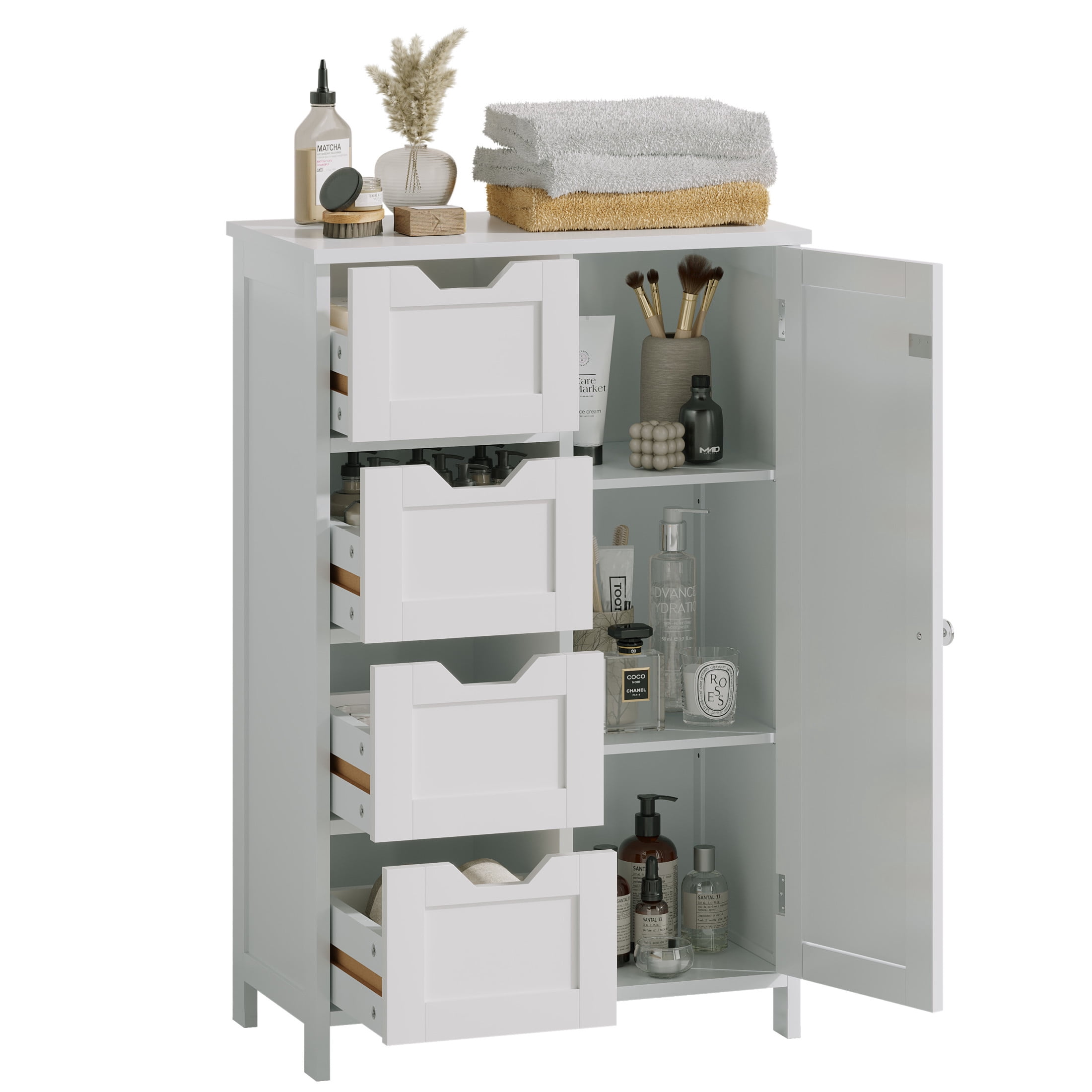 Noble House Nesta Bathroom Storage Cabinet with 4 Drawers, and Adjustable Shelf, Wooden Floor Organizer, White