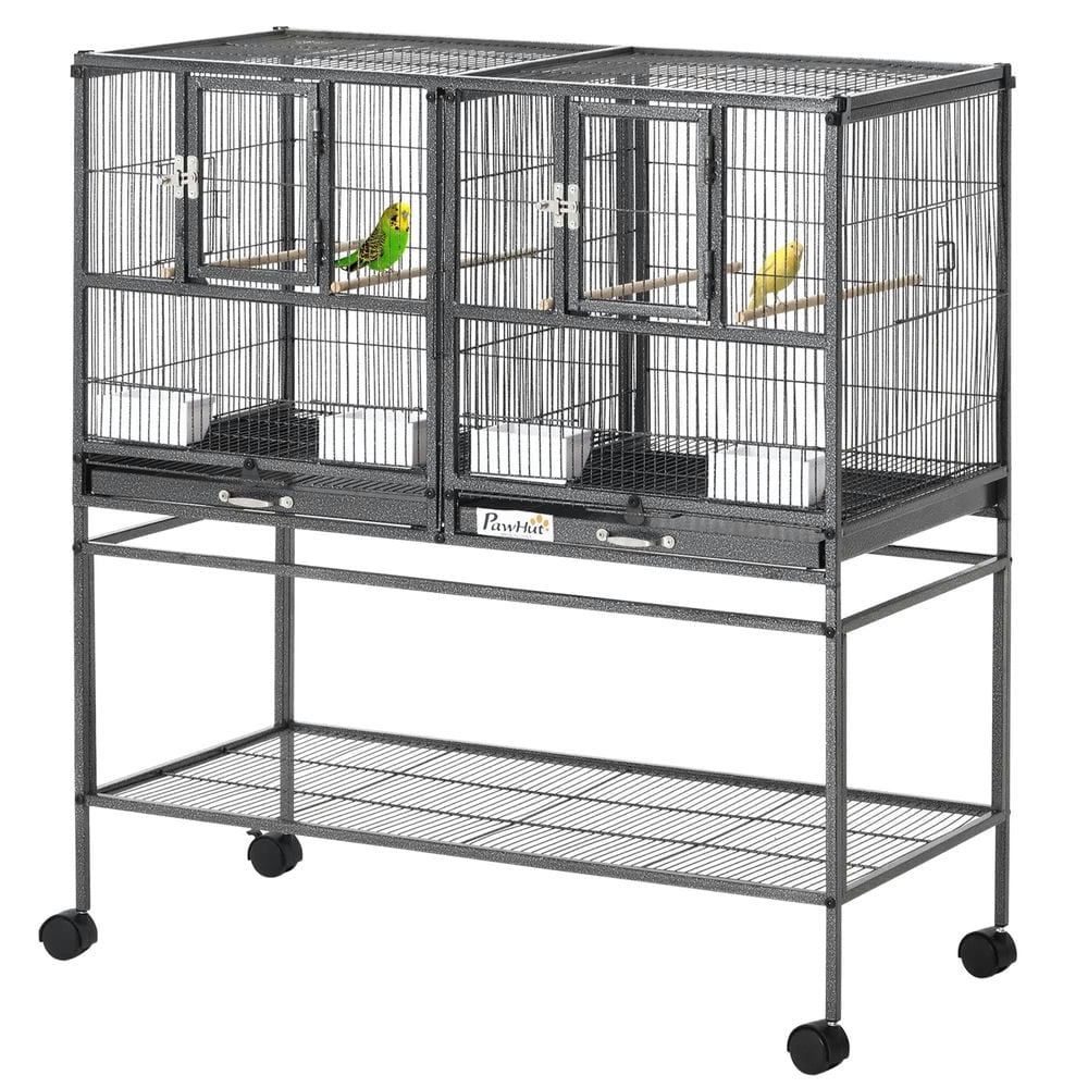 Spaco Divided Breeder Bird Cage with Rolling Stand Removable Metal Tray, Bird Cage with Storage Shelf and Wood Perch, Food Container, Black
