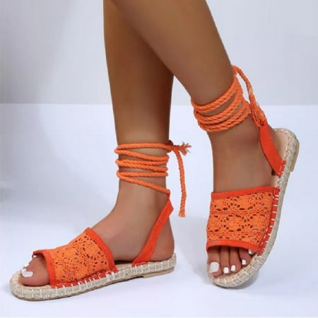 

uikmnh Women Shoes Women s Summer Cross Straps Non Slip Solid Color Weave Flat Beach Open Toe Breathable Sandals Shoes Orange 7.5