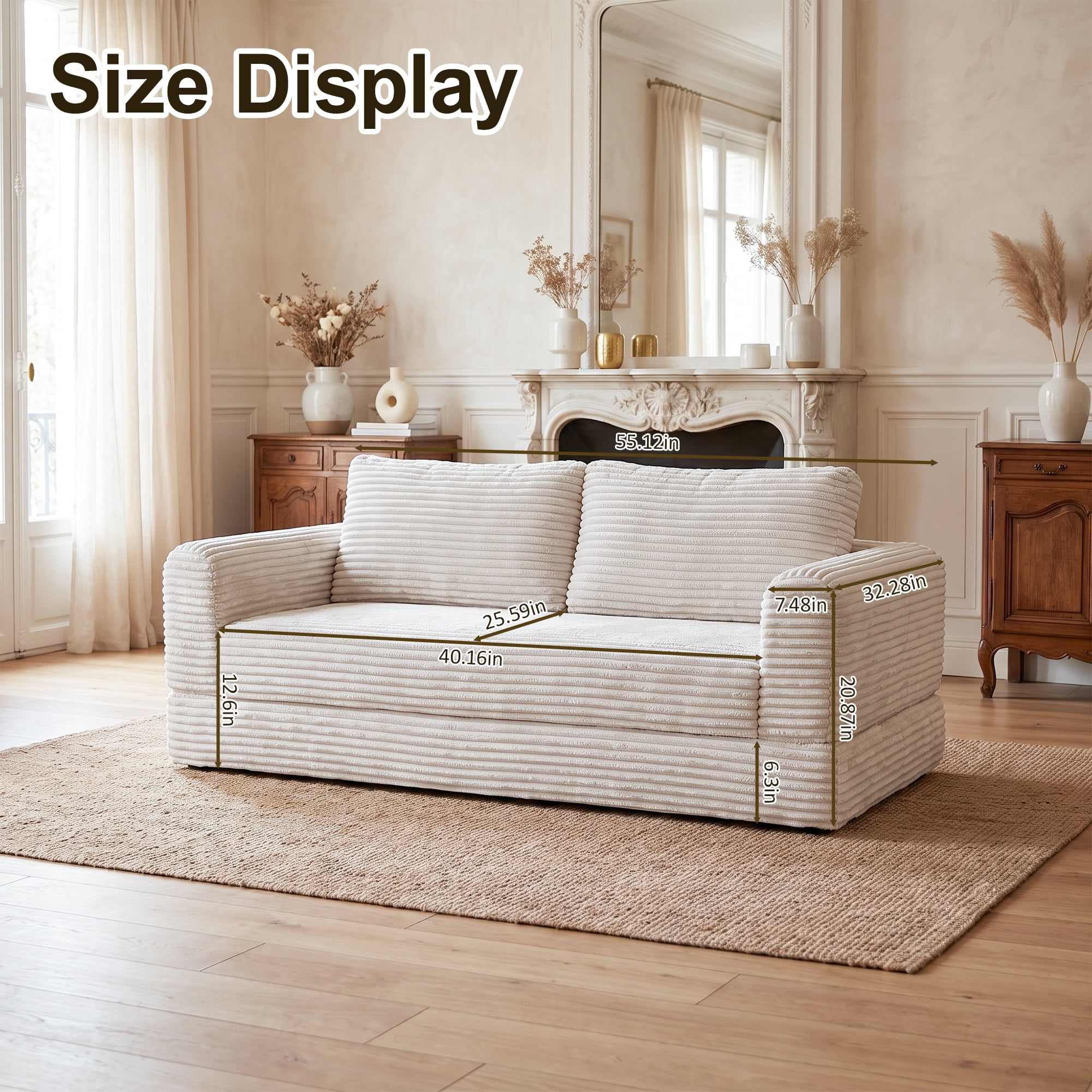 55" Convertible Futon Sofa Bed,Folding Boneless Couch with Sleeper Sofa,Fold Out Floor Sofa with Deep Seat,Cloud Corduroy Foldable Mattress Couch for Living Room,White