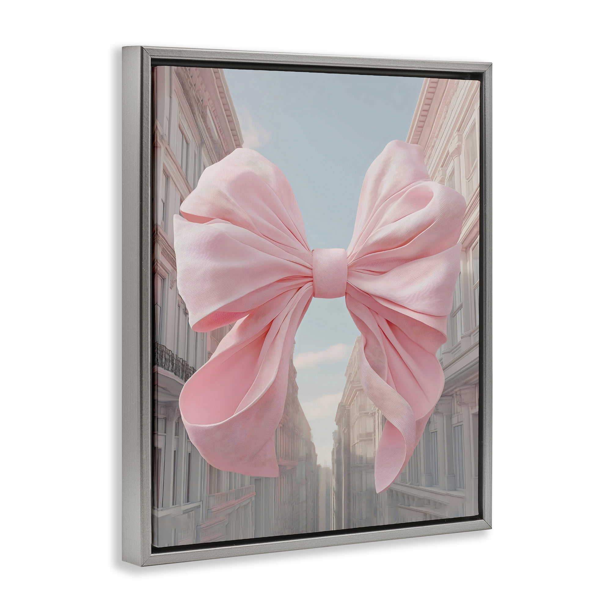 Stupell Industries Pink Bow over City Street Gray Framed Floater Canvas Wall Art, design by The Prints Vibe