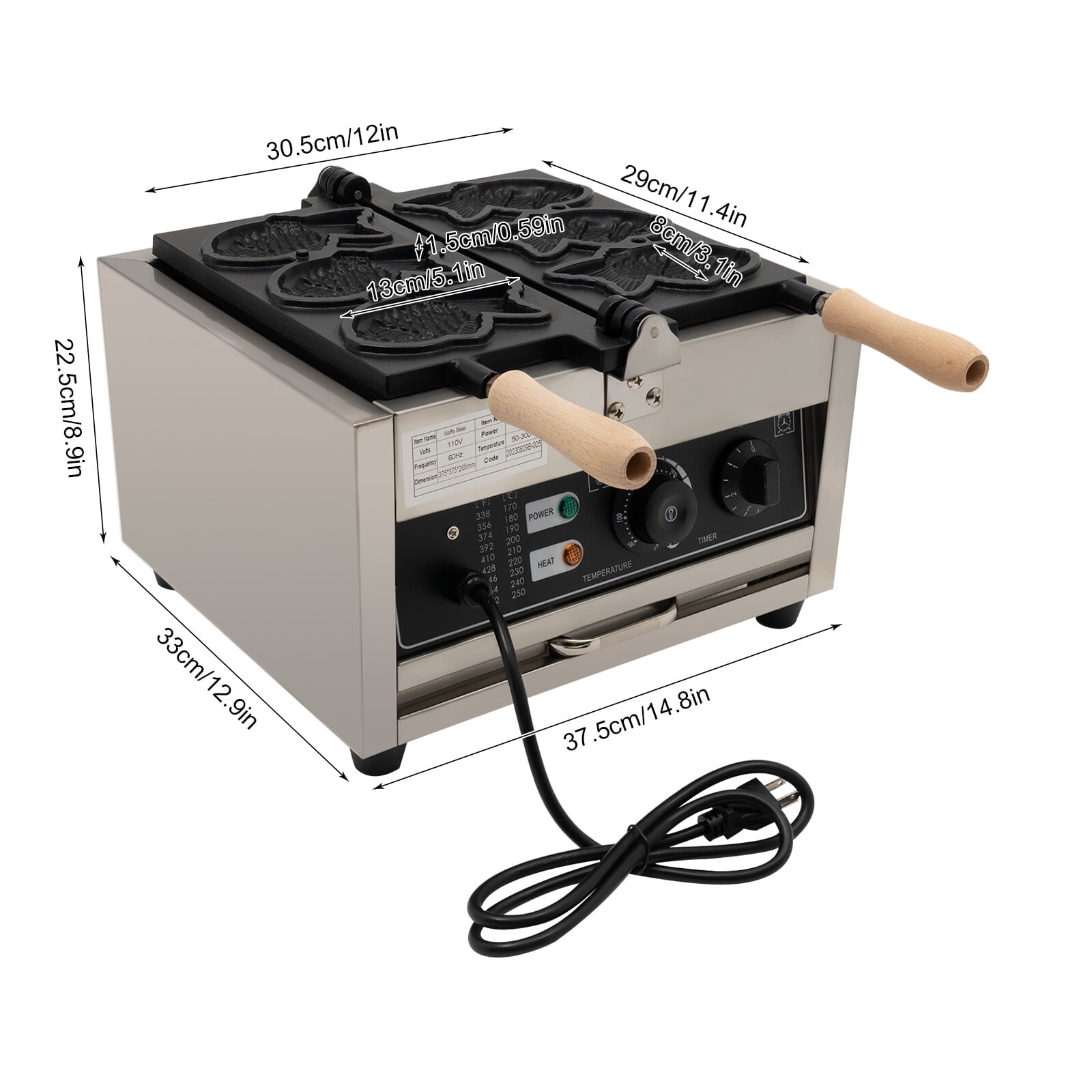 Non-stick Electric Taiyaki Maker Waffle Maker Machine Fish Baker Machine Fish Shaped Waffle Cones with Non Stick Cooking Plate for Food Stores Restaurants, Making Waffles