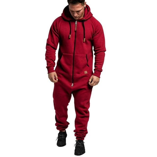 Men's winter hooded fleece jumpsuit solid color matching casual suit
