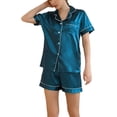 thumbnail image 4 of Women's Short Sleeve Shorts Set 2 Piece Button Up Spring Lightweight Pjs Silk Pajama Set Summer Sleepwear Soft Silky Comfy Peacock Blue 16, 4 of 5